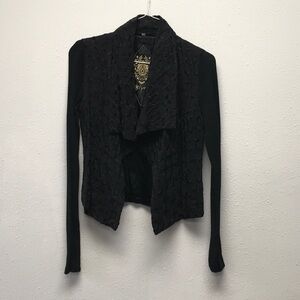 Biya for Johnny Was Black Embroidered Knit Cardigan with Waterfall Collar